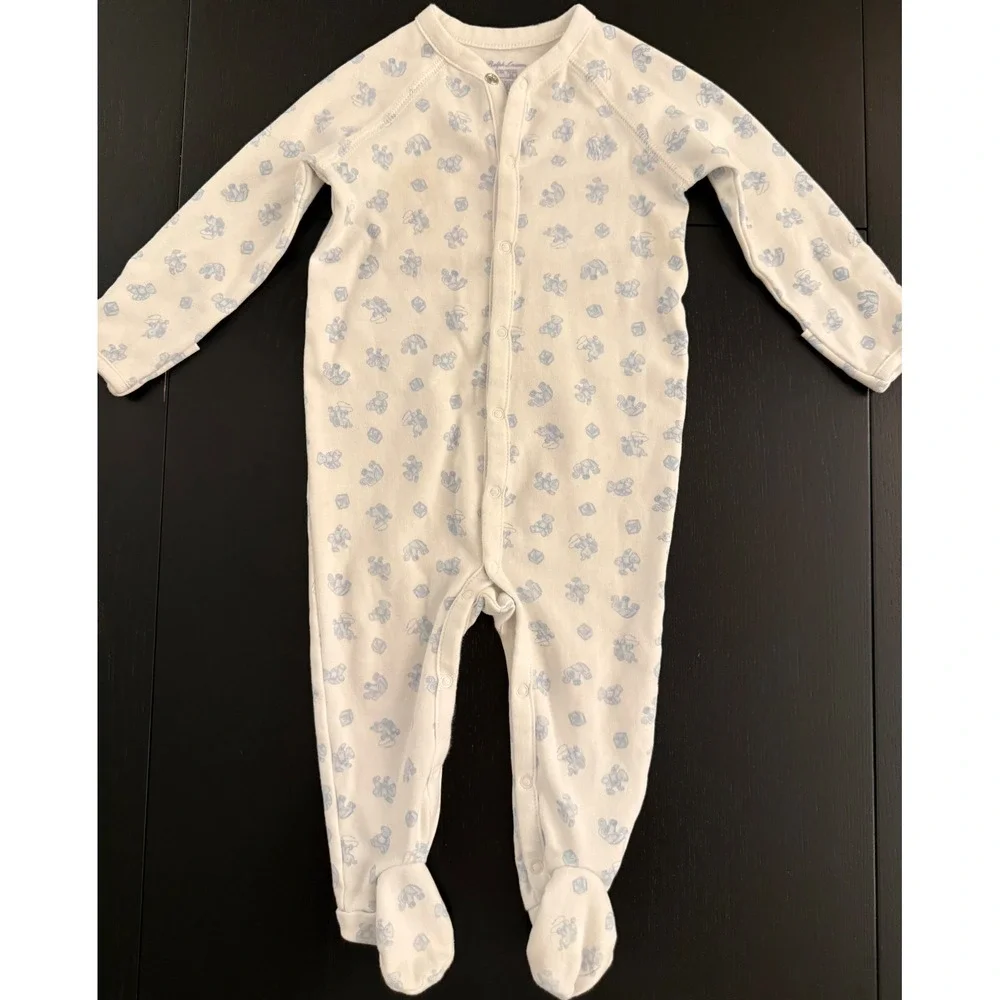 Ralph Lauren Baby Boy Footed Coverall 6-9 Month White/Blue Cotton Infant Nursery